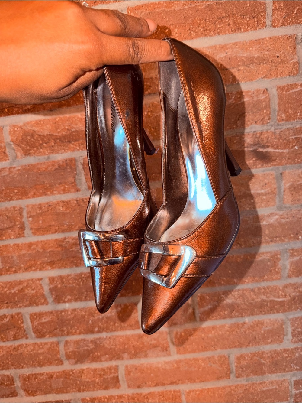 Pointed Toe Brown Leatherette Pumps with Decorative Buckle